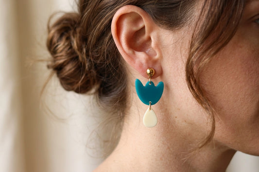 Boucles d'oreilles Breda - Bleu canard & Crème