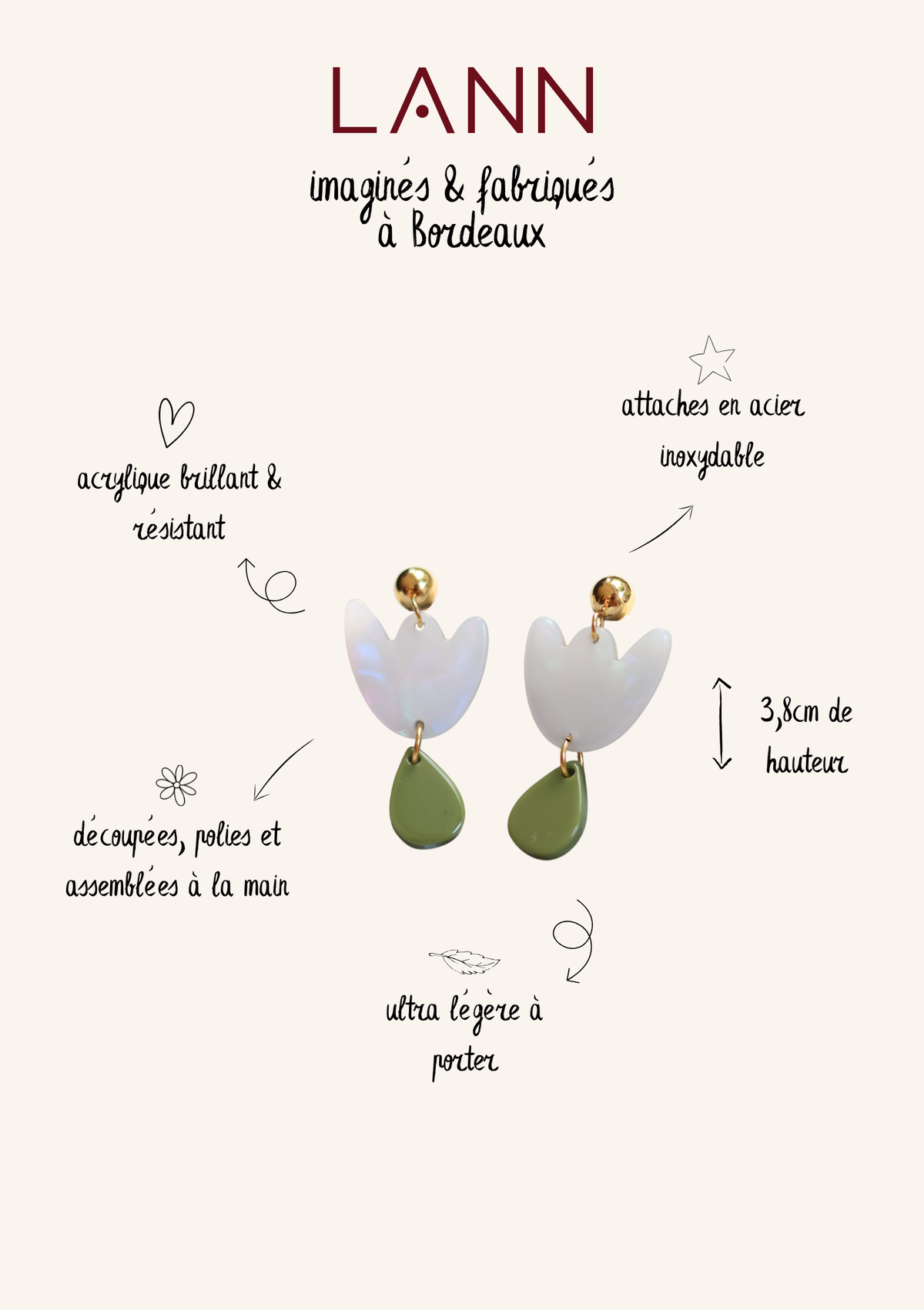 Boucles d'oreilles Breda - Blanc irisé & Vert olive