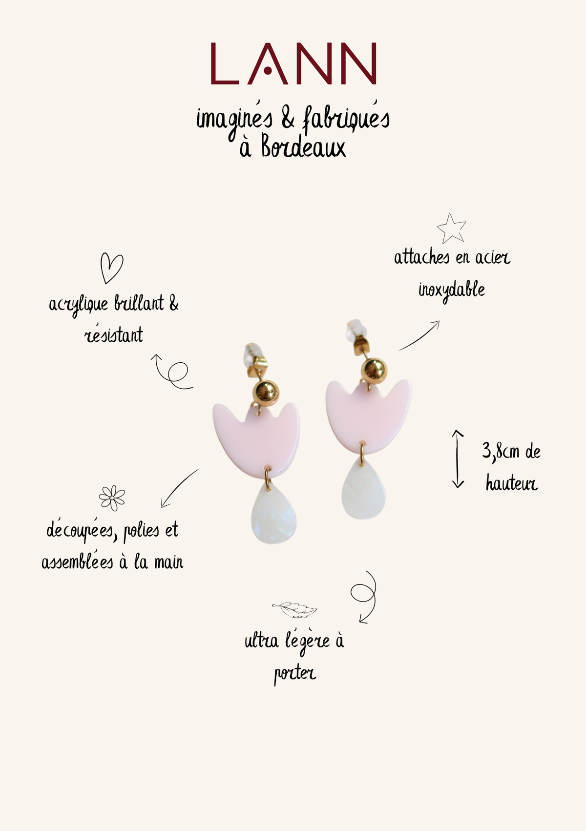 Boucles d'oreilles Breda - Rose pâle & Blanc irisé