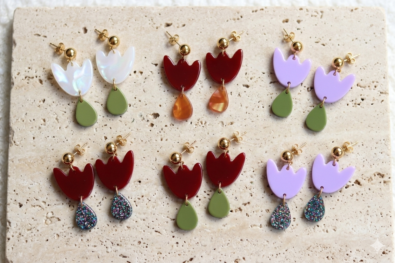 Boucles d'oreilles Tulipe Bordeaux & Vert olive