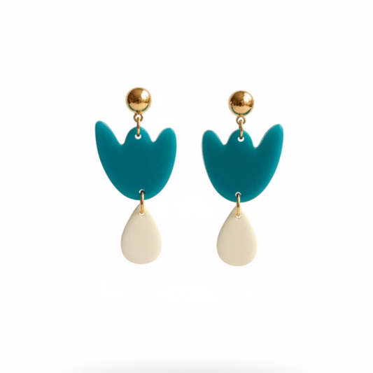 Boucles d'oreilles Breda - Bleu canard & Crème