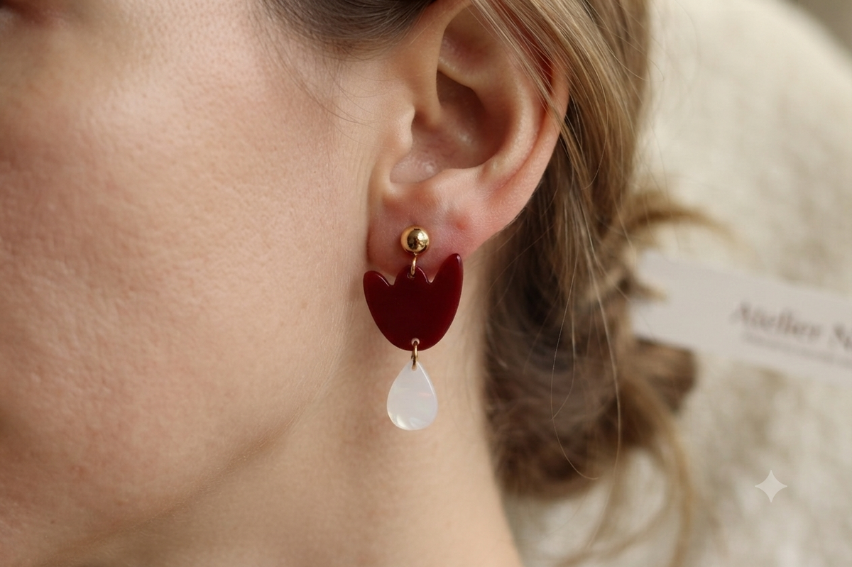 Boucles d'oreilles Breda - Bordeaux & Blanc irisé