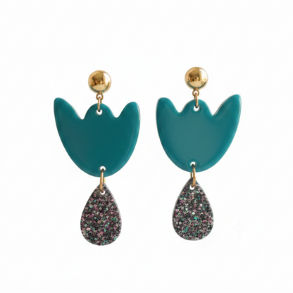Boucles d'oreilles Breda - Bleu canard & Paillettes