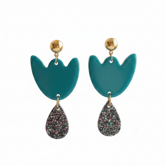 Boucles d'oreilles Breda - Bleu canard & Paillettes