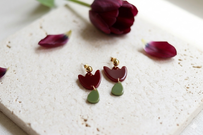 Boucles d'oreilles Tulipe Bordeaux & Vert olive