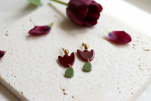 Boucles d'oreilles Tulipe Bordeaux & Vert olive
