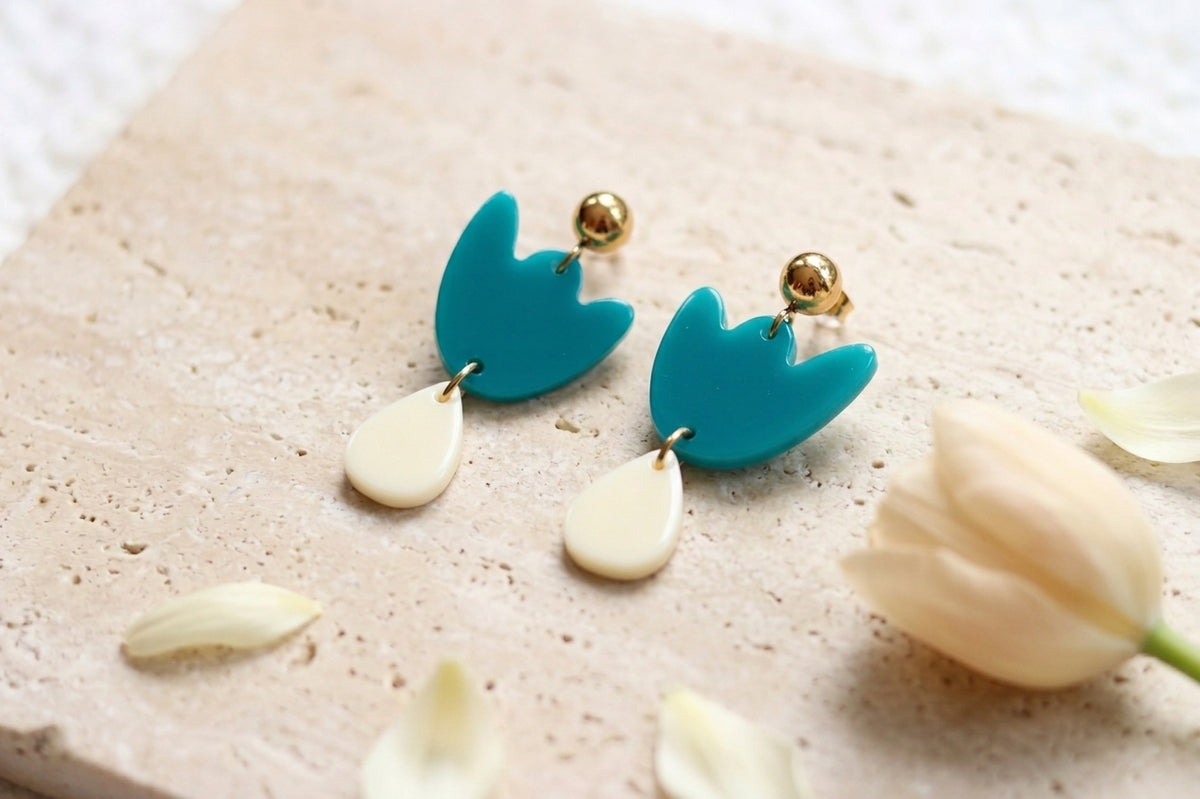 Boucles d'oreilles Breda - Bleu canard & Crème
