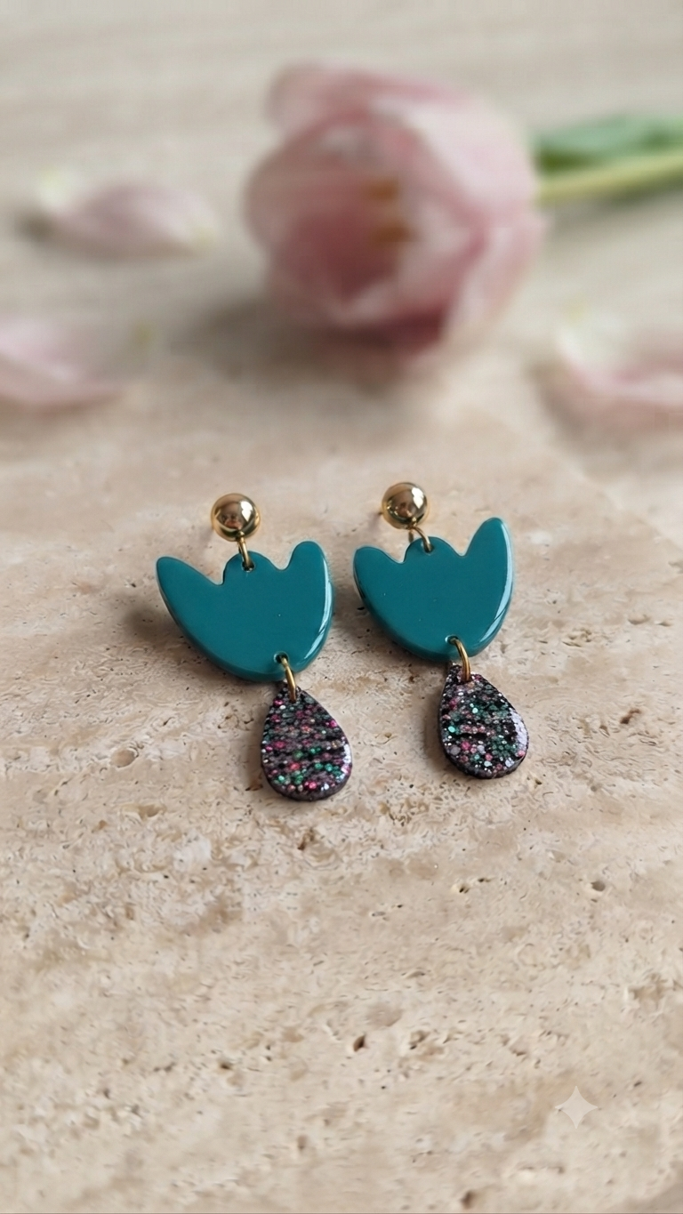 Boucles d'oreilles Breda - Bleu canard & Paillettes