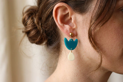 Boucles d'oreilles Breda - Bleu canard & Crème