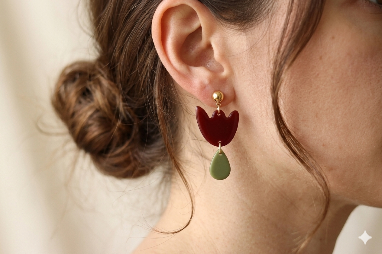 Boucles d'oreilles Tulipe Bordeaux & Vert olive