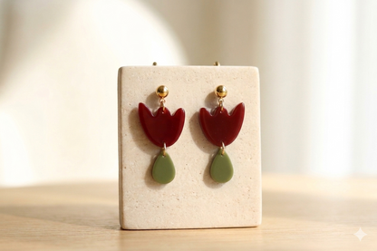 Boucles d'oreilles Tulipe Bordeaux & Vert olive