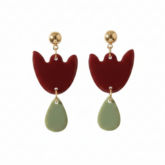 Boucles d'oreilles Breda - Bordeaux & Vert olive
