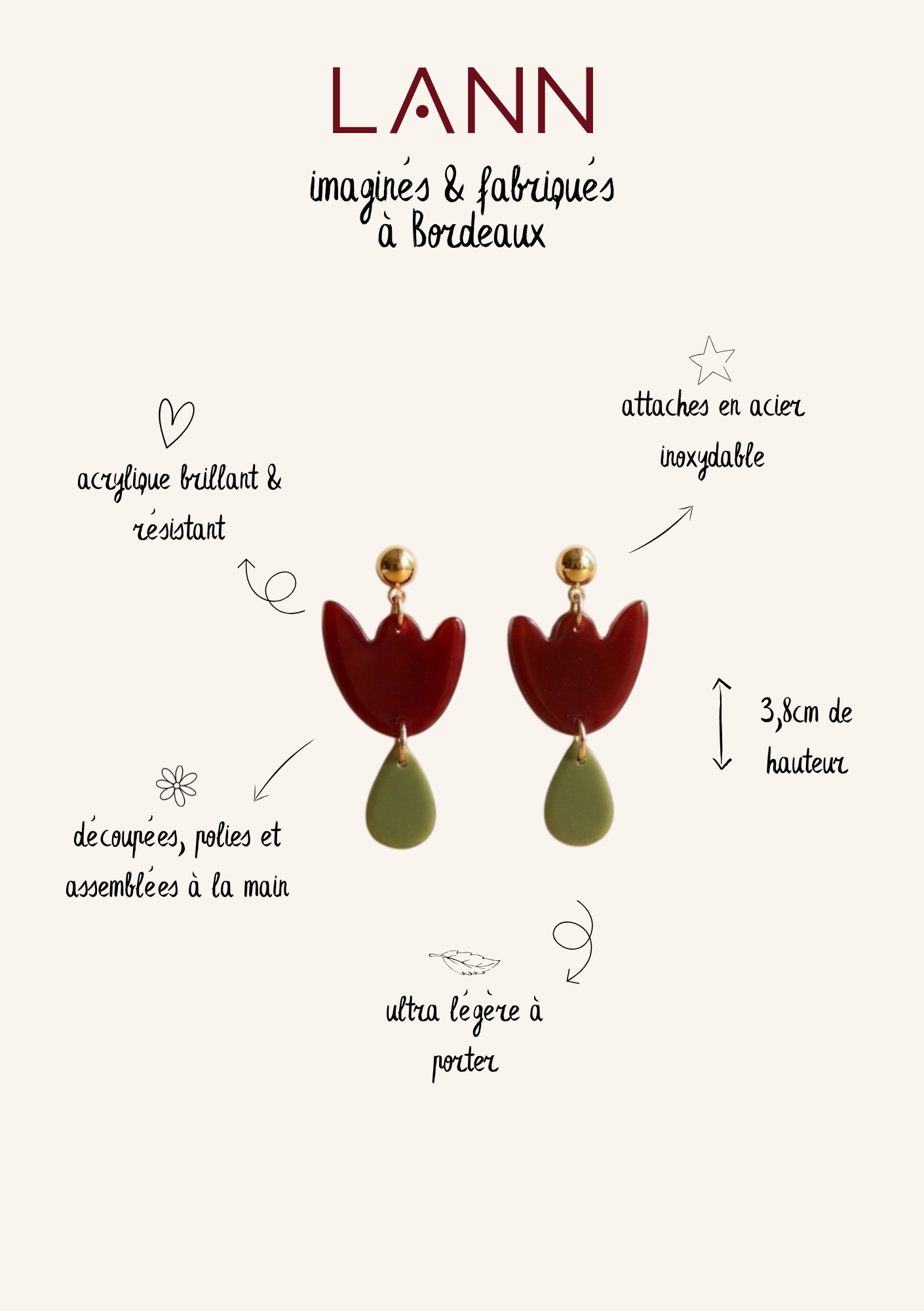 Boucles d'oreilles Tulipe Bordeaux & Vert olive