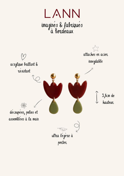 Boucles d'oreilles Tulipe Bordeaux & Vert olive
