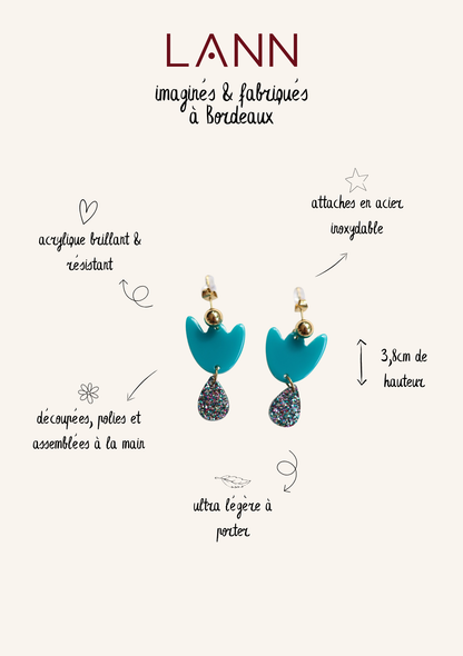 Boucles d'oreilles Breda - Bleu canard & Paillettes