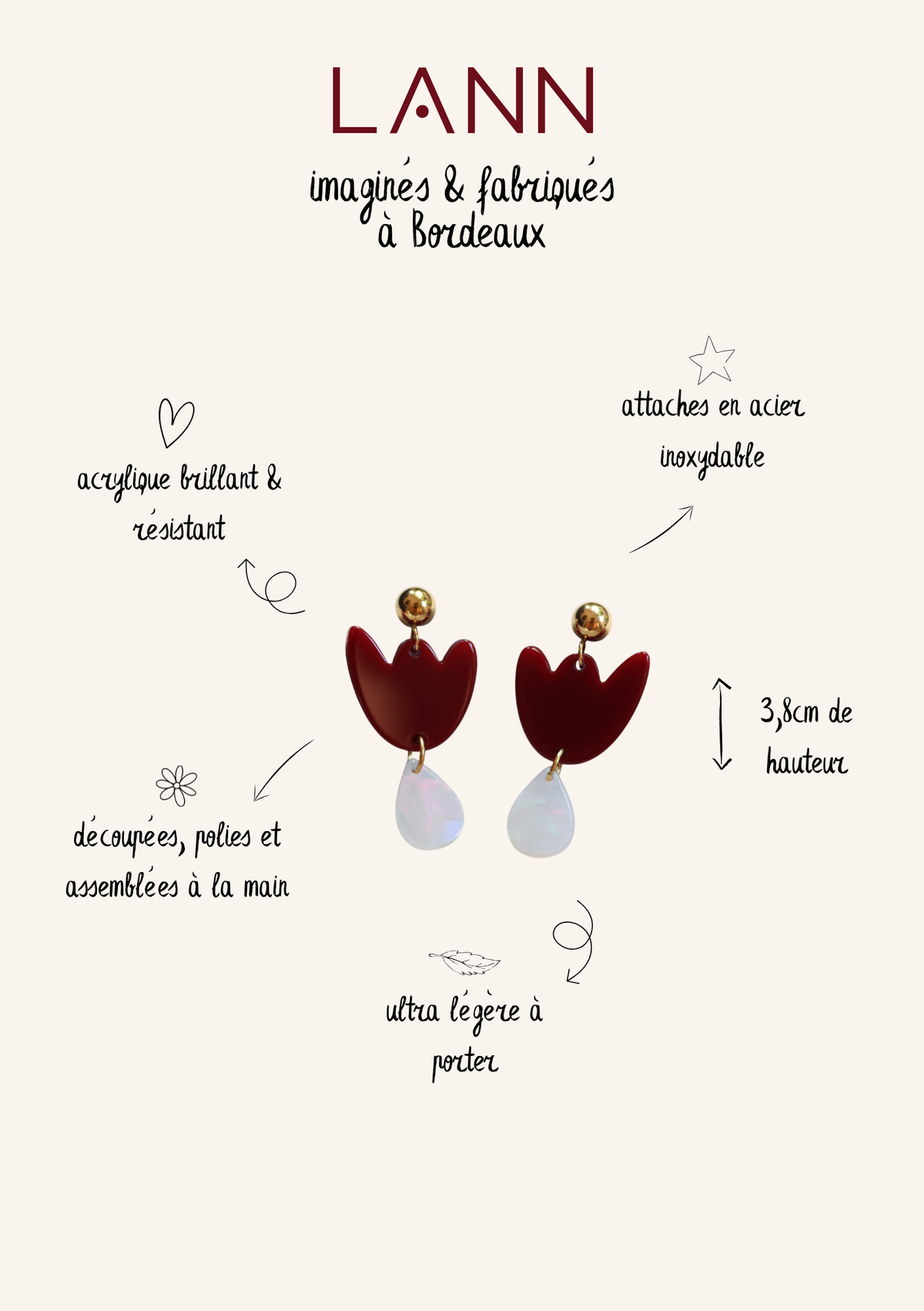 Boucles d'oreilles Breda - Bordeaux & Blanc irisé