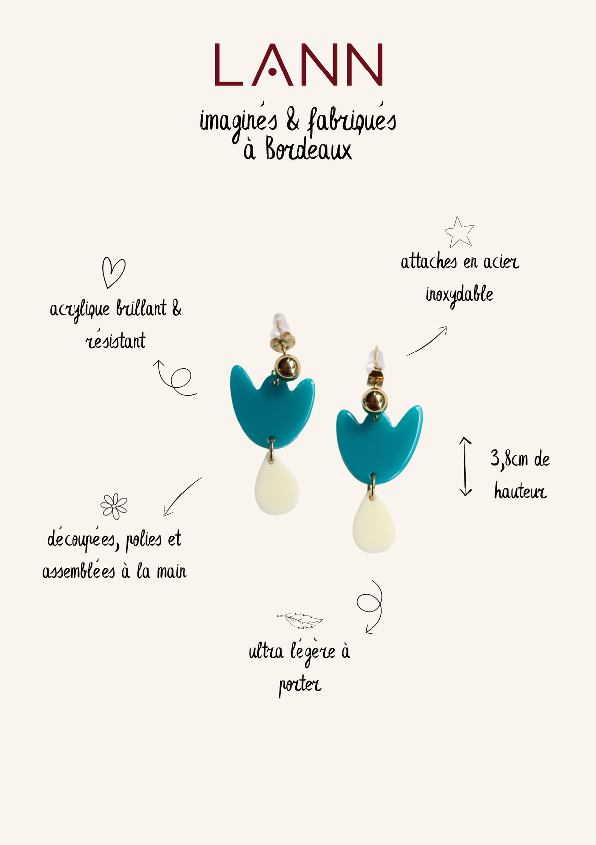 Boucles d'oreilles Breda - Bleu canard & Crème
