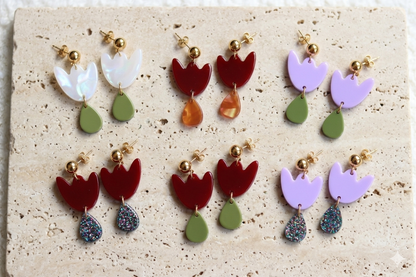 Boucles d'oreilles Tulipe Bordeaux & Vert olive