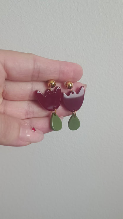 Boucles d'oreilles Tulipe Bordeaux & Vert olive